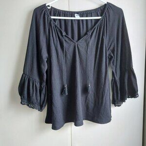 Old Navy Black Top Bell Sleeves Tie Neckline Size Small